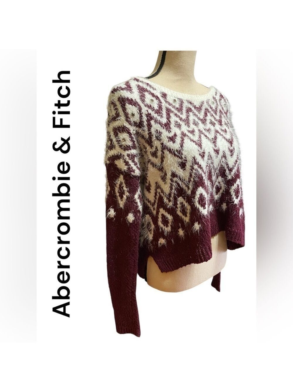 Abercrombie & Fitch-X-Small/Small super soft/fuzzy wine/white crop sweater. EUC!